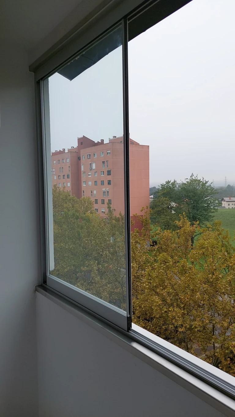 Drsna zasteklitev balkona iz 8 mm kaljenega stekla z metlicami proti hrupu. Blok, Dravlje, Ljubljana